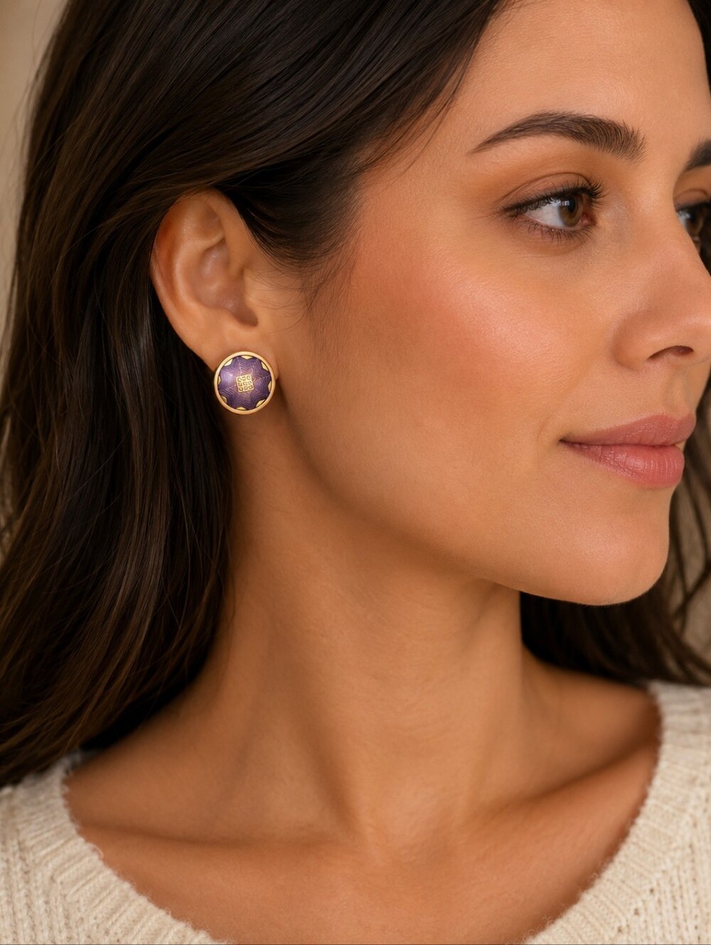 Vintage Nuri Purple Enamel and Gold-Tone Round Button Earrings
